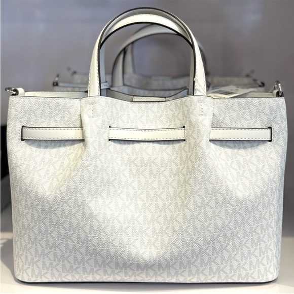 Michael Kors Carson Medium Signature Logo Satchel Bag Optic White - Picture 6 of 9